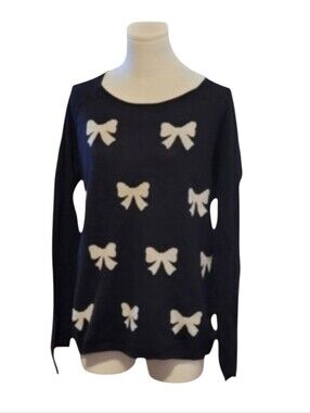 Vintage LOFT Soft Black Scoop Neck Stretchy Sweater With White Bows Size Medium